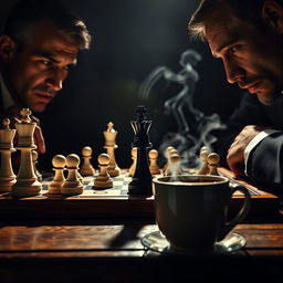 A dramatic scene depicting a tense chess match in a dimly lit room