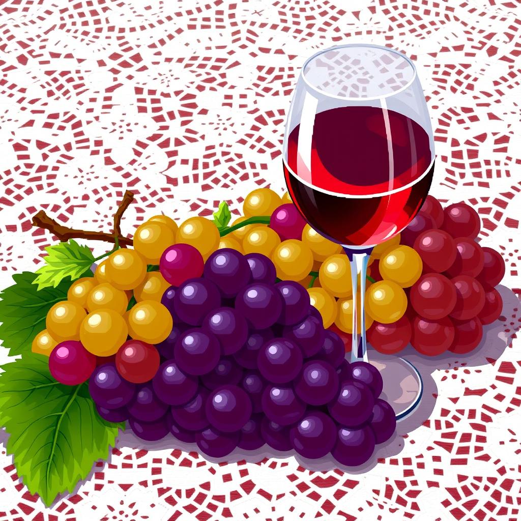 A glass of wine alongside bunches of grapes, beautifully arranged on a white lace tablecloth