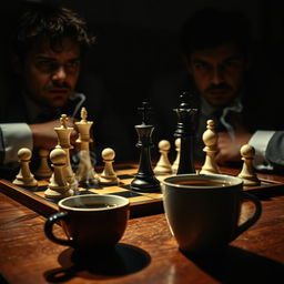 A dramatic scene depicting a tense chess match in a dimly lit room