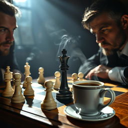 A dramatic scene depicting a tense chess match in a dimly lit room