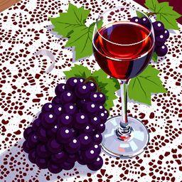 A glass of wine alongside bunches of grapes, beautifully arranged on a white lace tablecloth