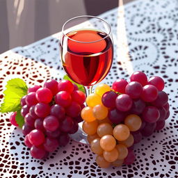 A glass of wine alongside bunches of grapes, beautifully arranged on a white lace tablecloth