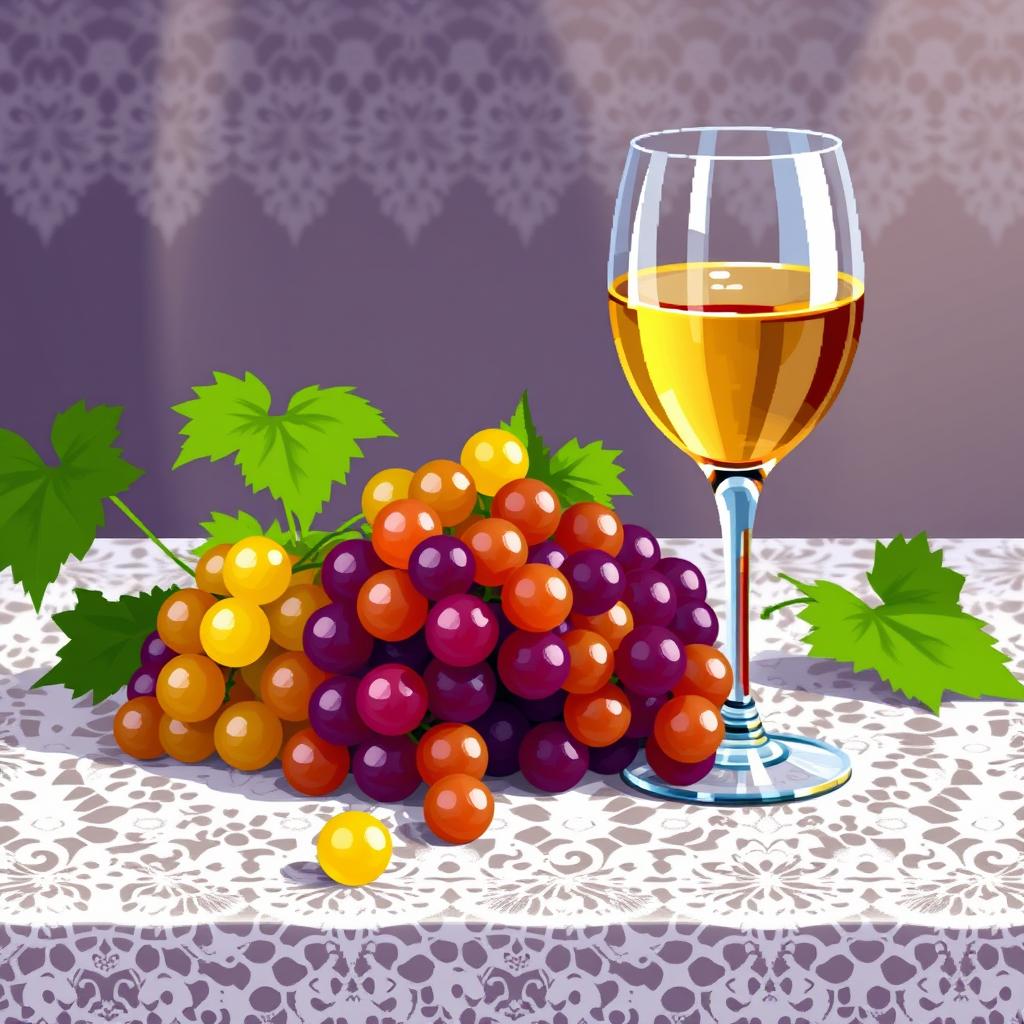 A glass of wine alongside bunches of grapes, beautifully arranged on a white lace tablecloth