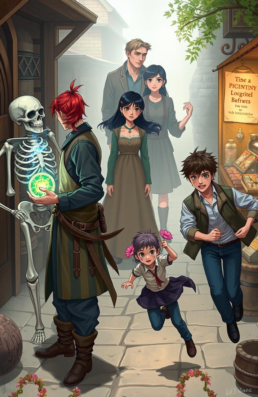 In the foreground, there is a man with long red hair tied in a ponytail alongside a skeleton, both holding a magical artifact