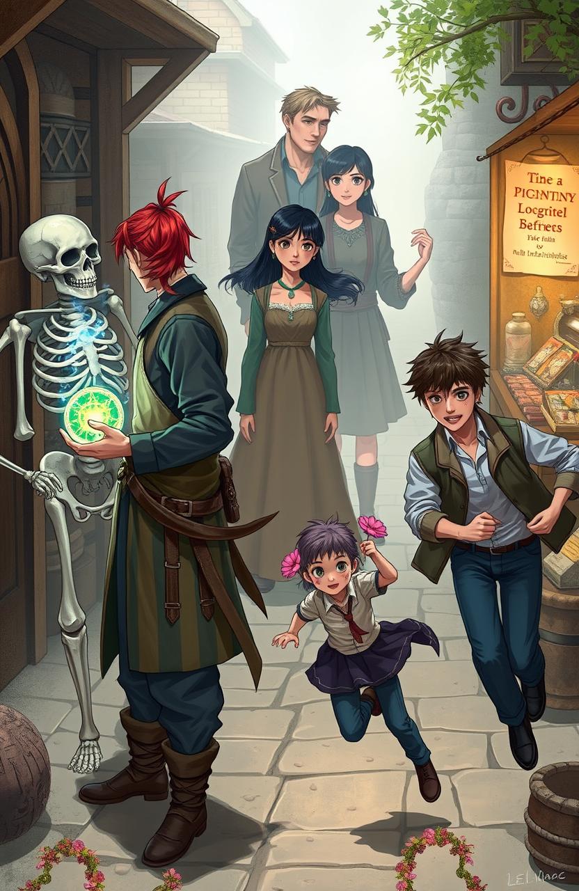 In the foreground, there is a man with long red hair tied in a ponytail alongside a skeleton, both holding a magical artifact