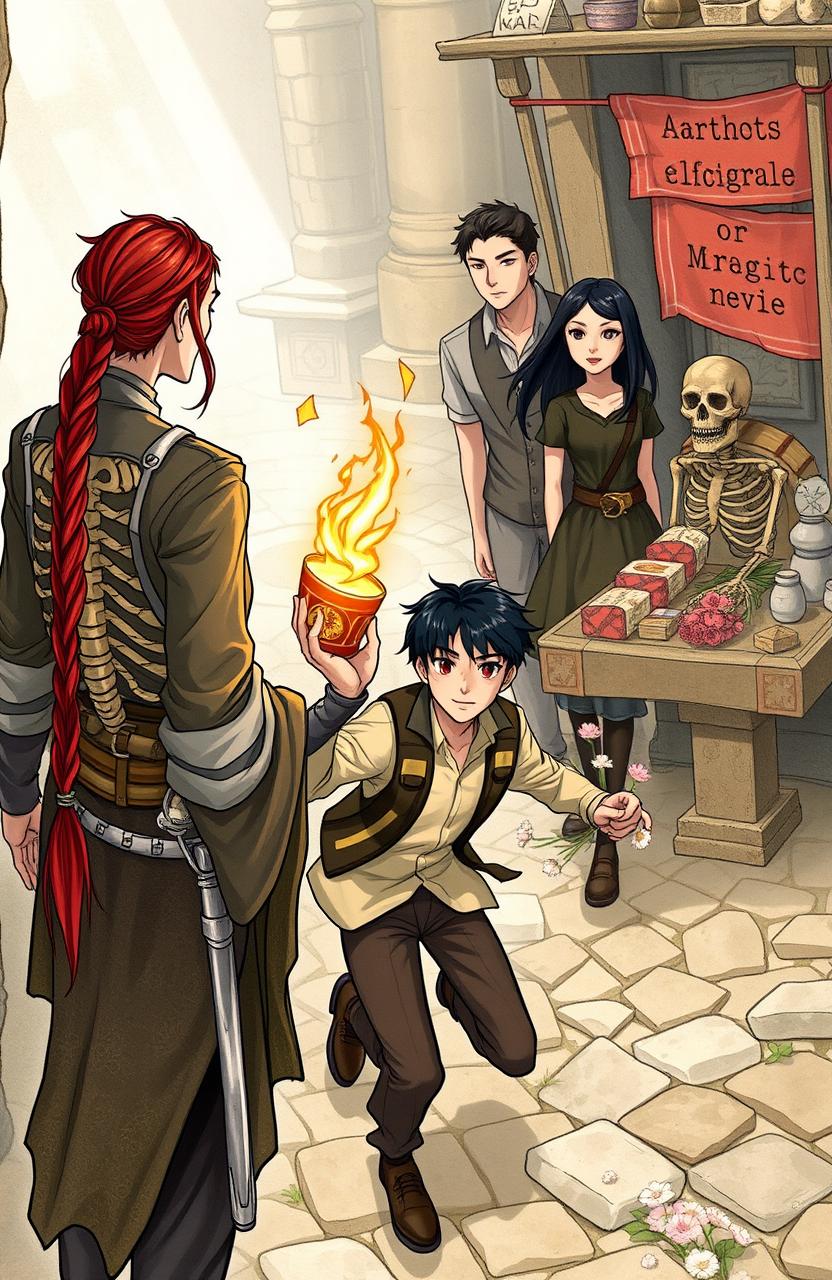 In the foreground, there is a man with long red hair tied in a ponytail alongside a skeleton, both holding a magical artifact