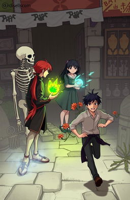 In the foreground, there is a man with long red hair tied in a ponytail alongside a skeleton, both holding a magical artifact