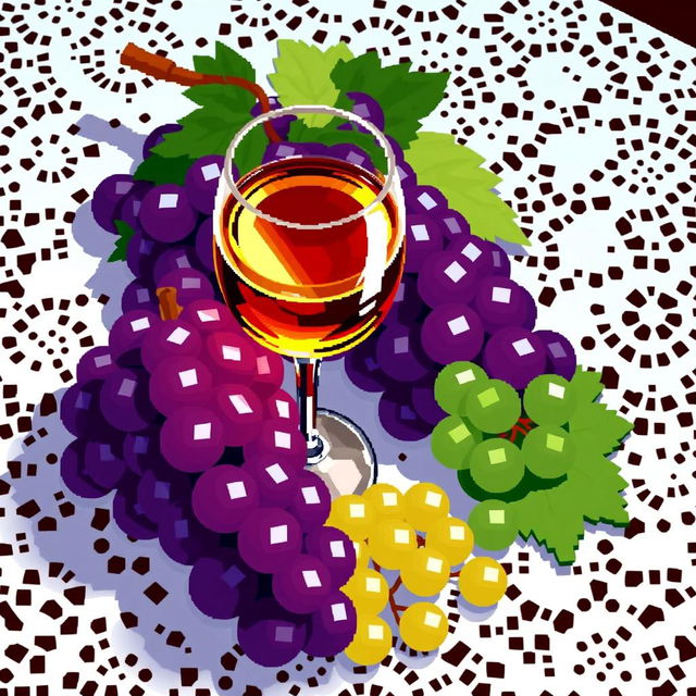 A glass of wine and a bunch of grapes arranged beautifully on a white lace tablecloth