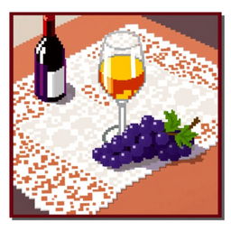 A glass of wine and a bunch of grapes arranged beautifully on a white lace tablecloth