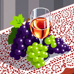 A glass of wine and a bunch of grapes arranged beautifully on a white lace tablecloth