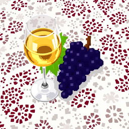 A glass of wine and a bunch of grapes arranged beautifully on a white lace tablecloth