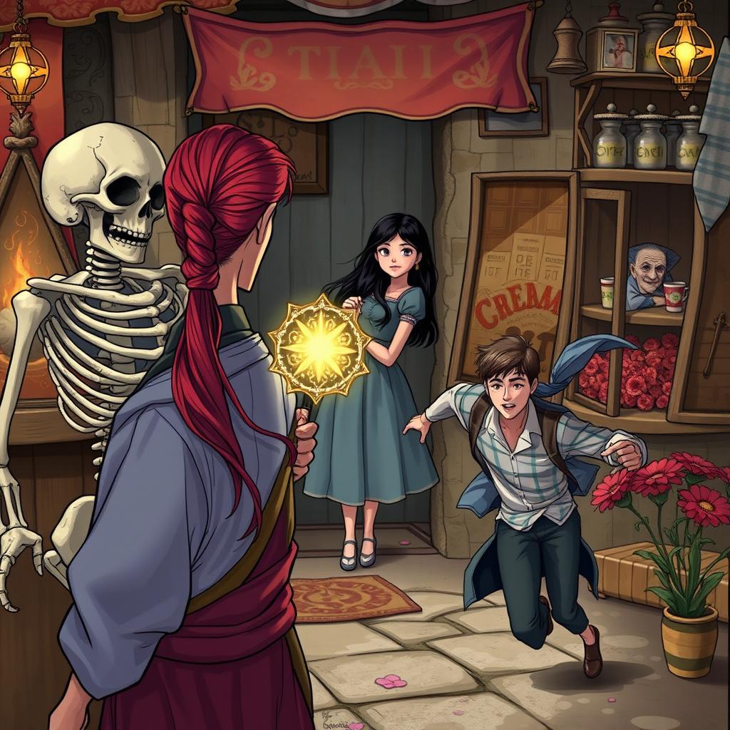 In the foreground, there is a man with long red hair tied in a ponytail alongside a skeleton, both holding a magical artifact