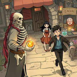 In the foreground, there is a man with long red hair tied in a ponytail alongside a skeleton, both holding a magical artifact