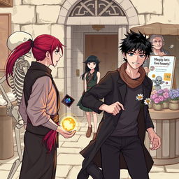 In the foreground, there is a man with long red hair tied in a ponytail alongside a skeleton, both holding a magical artifact