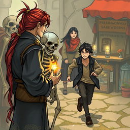 In the foreground, there is a man with long red hair tied in a ponytail alongside a skeleton, both holding a magical artifact