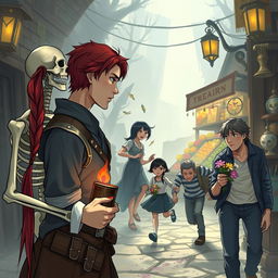 In the foreground, there is a man with long red hair tied in a ponytail alongside a skeleton, both holding a magical artifact