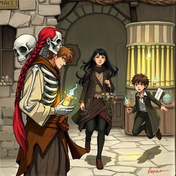 In the foreground, there is a man with long red hair tied in a ponytail alongside a skeleton, both holding a magical artifact