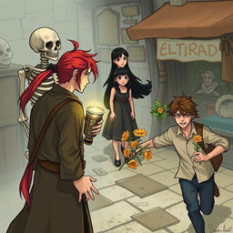 In the foreground, there is a man with long red hair tied in a ponytail alongside a skeleton, both holding a magical artifact