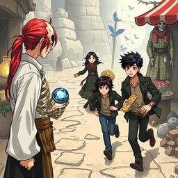 In the foreground, there is a man with long red hair tied in a ponytail alongside a skeleton, both holding a magical artifact