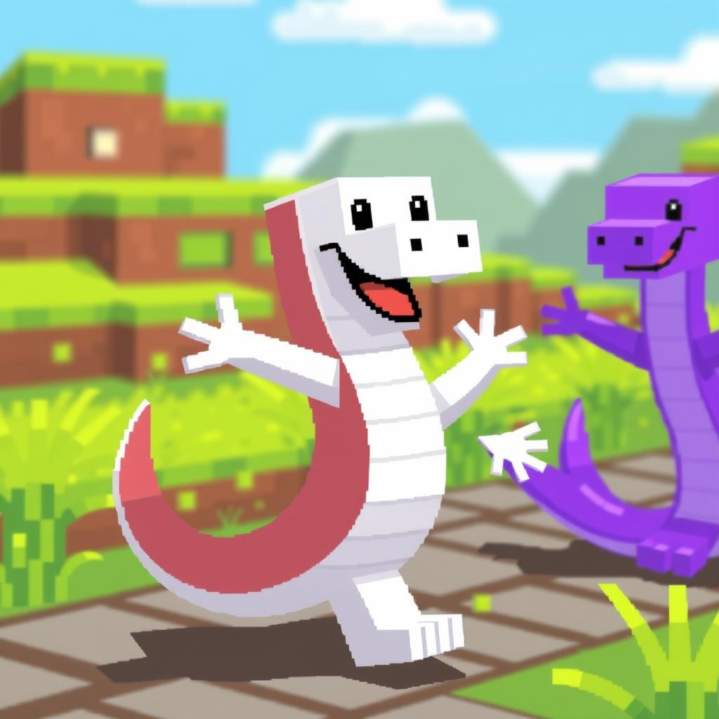 A vibrant pixel art scene featuring a white snake with a big, cheerful smile energetically dancing alongside a purple snake