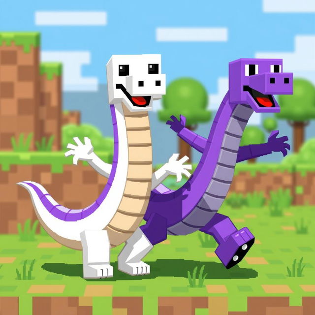 A vibrant pixel art scene featuring a white snake with a big, cheerful smile energetically dancing alongside a purple snake