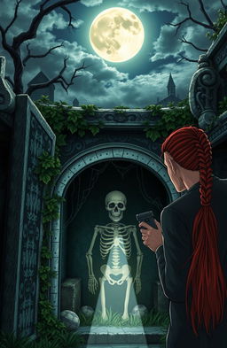 A man with long red hair tied in a ponytail is opening a crypt and discovering a skeleton inside