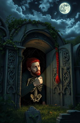 A man with long red hair tied in a ponytail is opening a crypt and discovering a skeleton inside