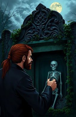 A man with long red hair tied in a ponytail is opening a crypt and discovering a skeleton inside