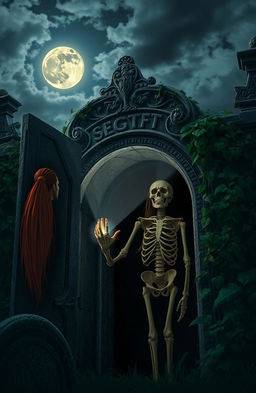 A man with long red hair tied in a ponytail is opening a crypt and discovering a skeleton inside