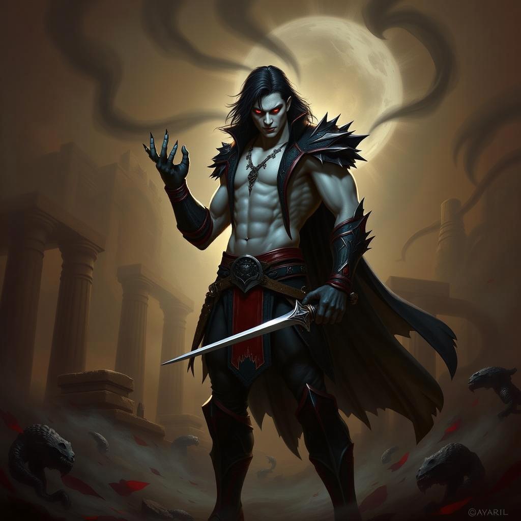 Alistar Bloodthirst, a 132-year-old vampire male from Ixalan, standing at 165 cm and weighing 72 kg