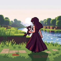 A pixel art scene featuring a girl with a kitten near a river in the morning