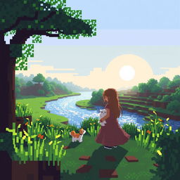 A pixel art scene featuring a girl with a kitten near a river in the morning