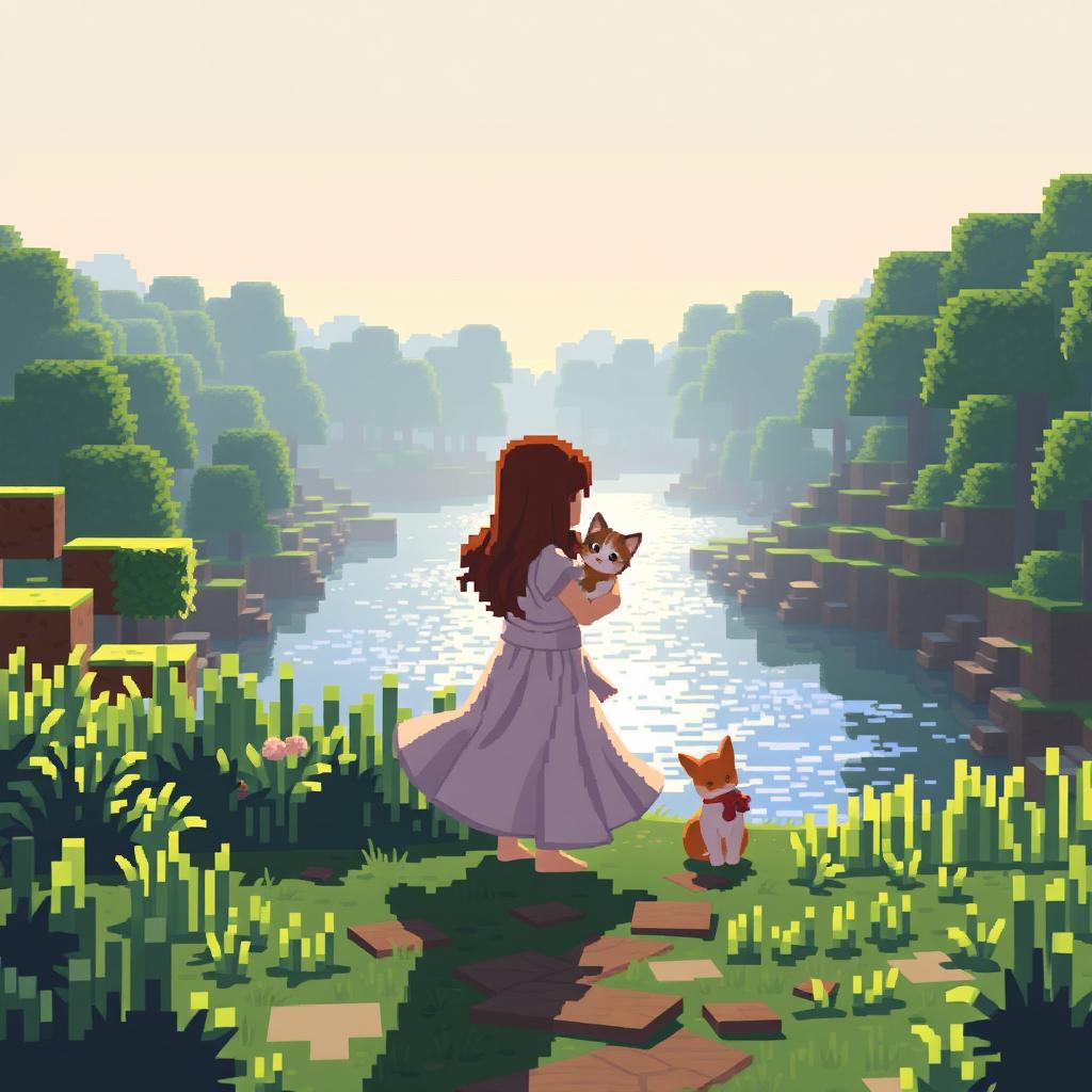 A pixel art scene featuring a girl with a kitten near a river in the morning