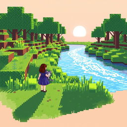 A pixel art scene featuring a girl with a kitten near a river in the morning