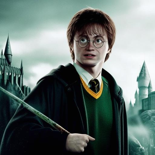 A detailed image of Harry Potter, standing tall with his black robe waving in the wind, his emerald eyes under the round glasses highlighting a look of determination, his wand raised high against the backdrop of a misty Hogwarts Castle.