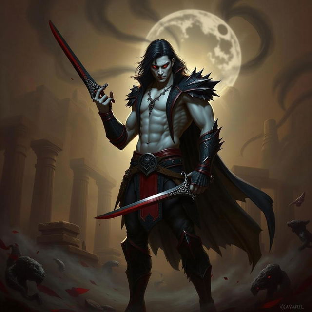 Alistar Bloodthirst, a 132-year-old vampire male from Ixalan, aged into adulthood, standing at 165 cm and weighing 72 kg, with a toned physique