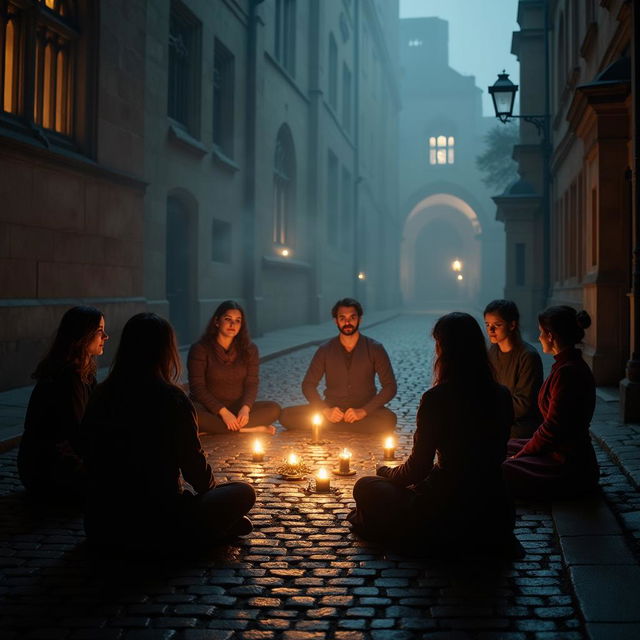 A dimly lit cobbled street outside Oxford University at night, shrouded in fog and mist, with seven people gathered in a circle performing a seance