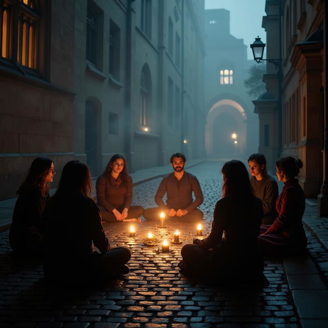 A dimly lit cobbled street outside Oxford University at night, shrouded in fog and mist, with seven people gathered in a circle performing a seance