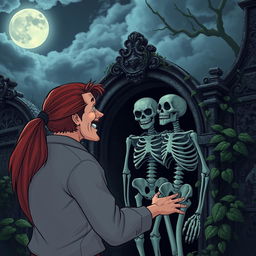 A man with long red hair tied in a ponytail is opening a crypt and discovering a living skeleton inside