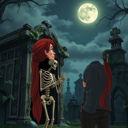 A man with long red hair tied in a ponytail is opening a crypt and discovering a living skeleton inside