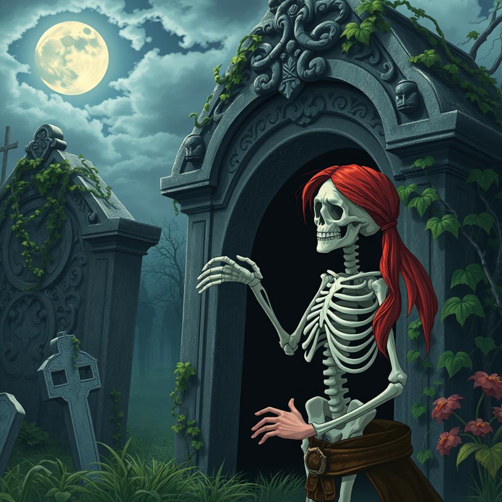 A man with long red hair tied in a ponytail is opening a crypt and discovering a living skeleton inside