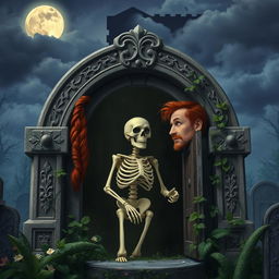 A man with long red hair tied in a ponytail is opening a crypt and discovering a living skeleton inside