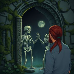 A man with long red hair tied in a ponytail is opening a crypt and encountering a living skeleton inside