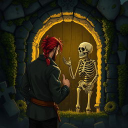 A man with long red hair tied in a ponytail is opening a crypt and encountering a living skeleton inside