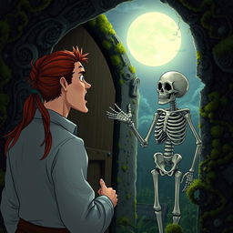 A man with long red hair tied in a ponytail is opening a crypt and encountering a living skeleton inside