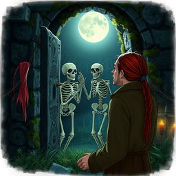 A man with long red hair tied in a ponytail is opening a crypt and encountering a living skeleton inside