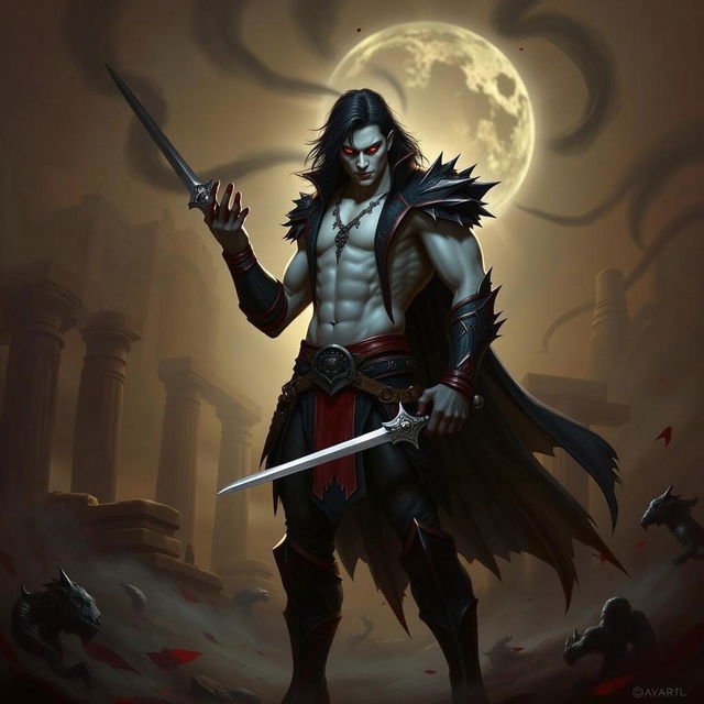 Alistar Bloodthirst, a 132-year-old vampire male from Ixalan with a toned physique, standing at 165 cm and weighing 72 kg