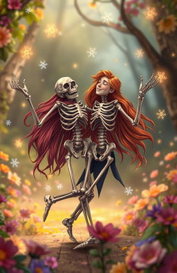 A skeleton dancing joyfully with a long-haired red-haired young man, surrounded by floating magical artifacts and vibrant flowers