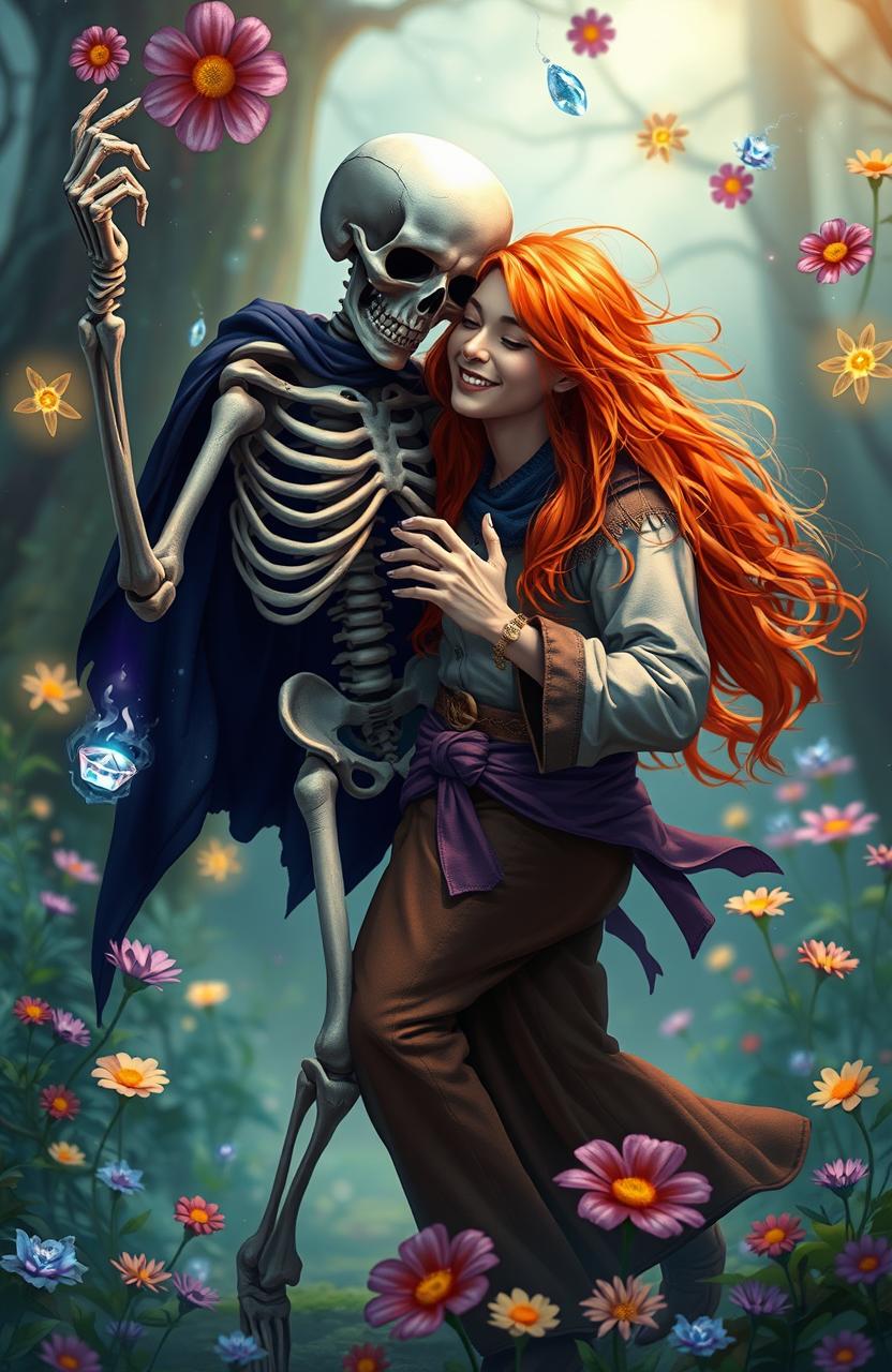 A skeleton dancing joyfully with a long-haired red-haired young man, surrounded by floating magical artifacts and vibrant flowers