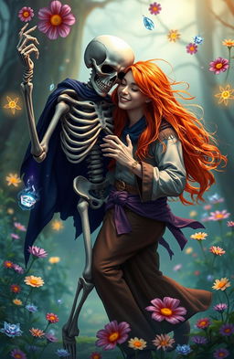 A skeleton dancing joyfully with a long-haired red-haired young man, surrounded by floating magical artifacts and vibrant flowers